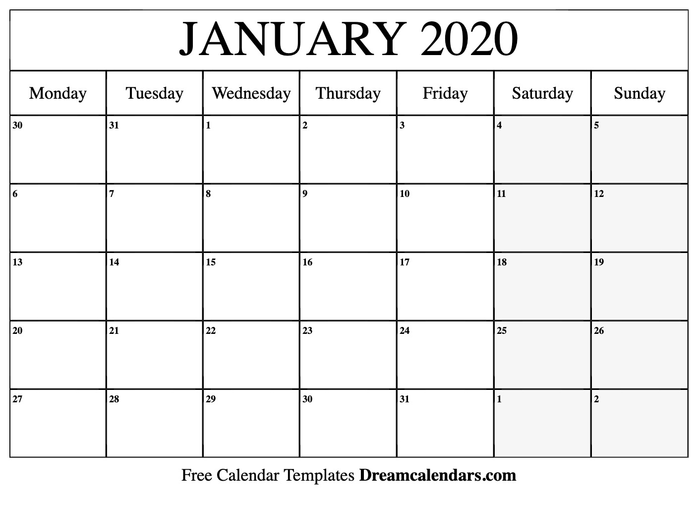 Printable January 2020 Calendar