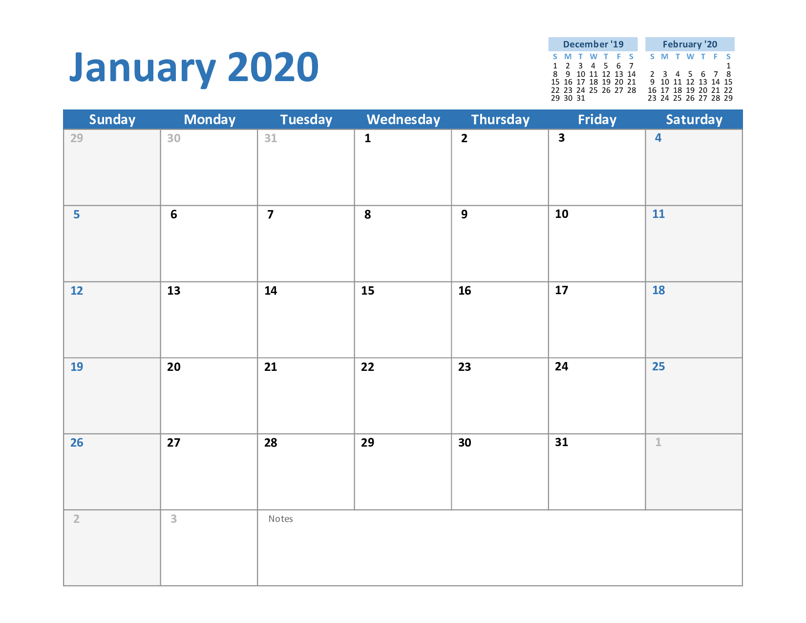 Printable January 2020 Calendar - Free Blank Templates