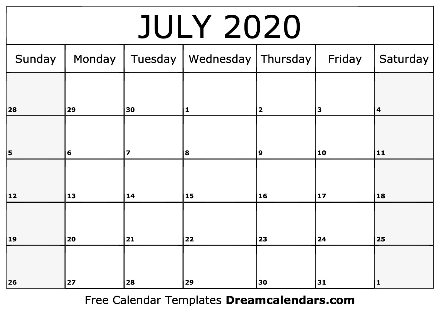 Printable July 2020 Calendar