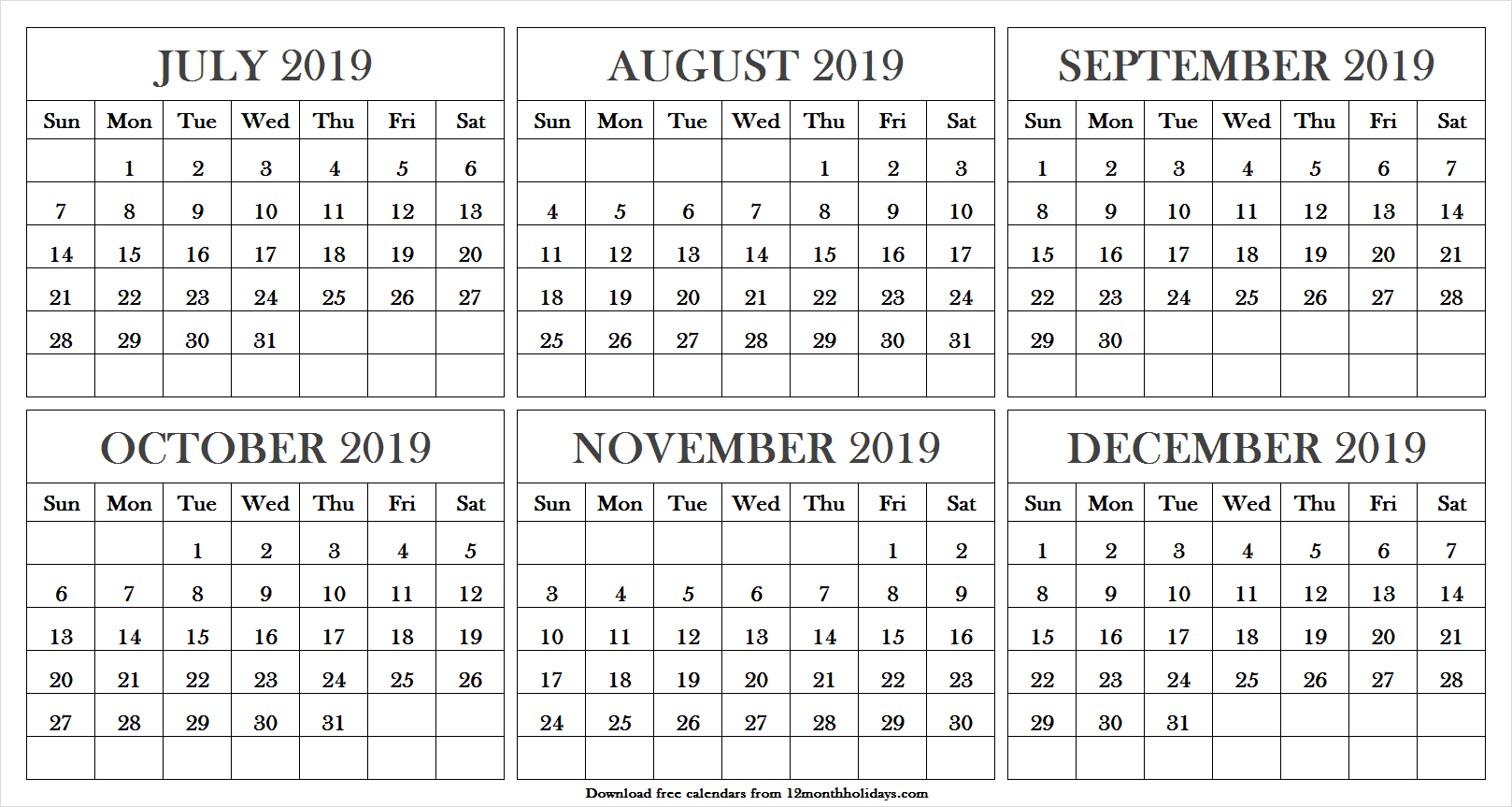 Printable July December 2019 Calendar | Calendar July 2019 Word