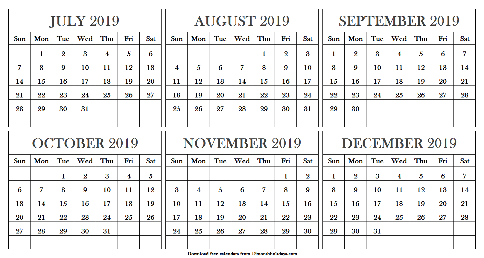 Printable 6 Month Calendar 2019 July To December Example Calendar