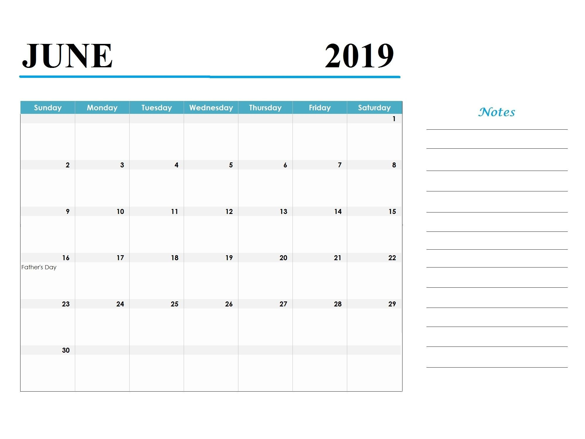 Printable June 2019 Calendar Template Word Document