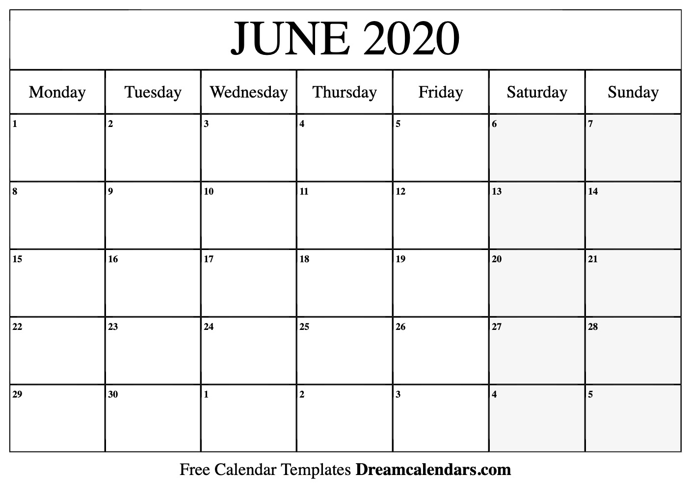 Printable June 2020 Calendar