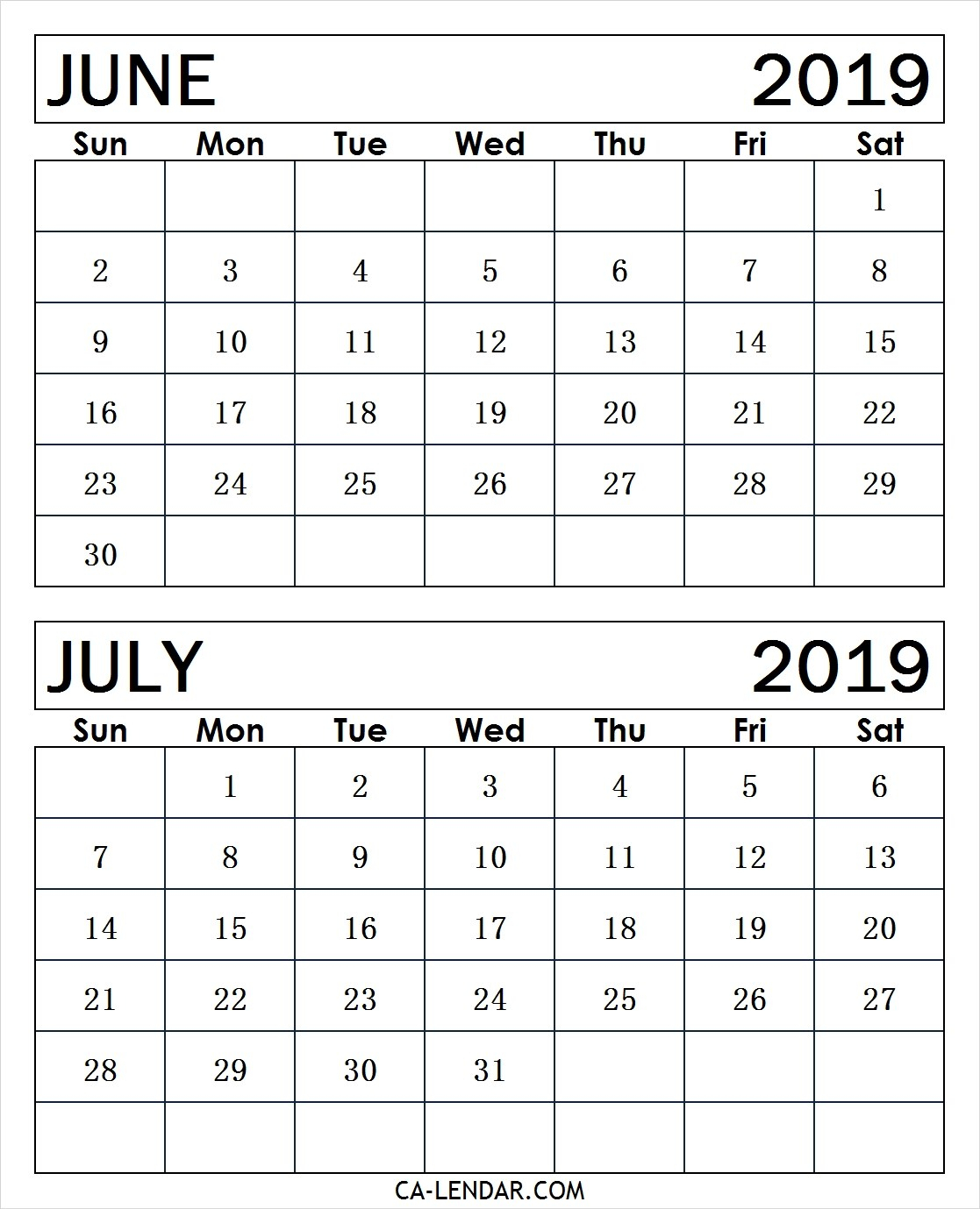 Printable June And July 2019 Calendar Monthly Templates