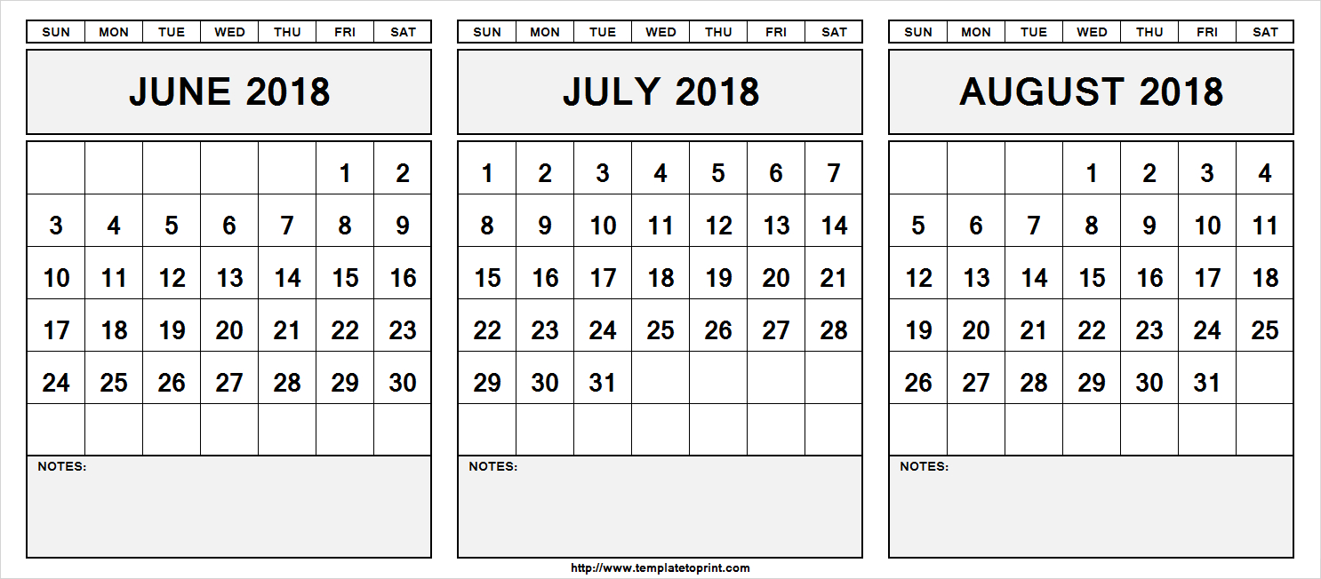 Printable June July August 2018 Calendar Template | 3 Month