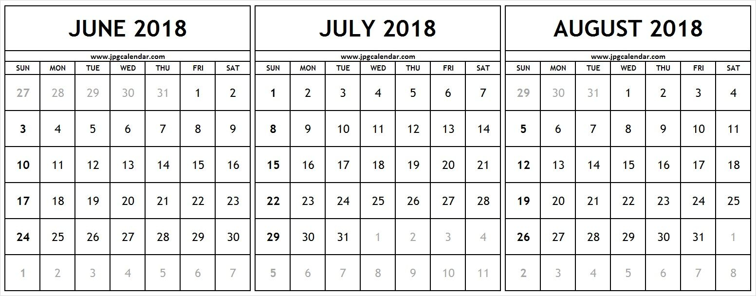 Printable June July August 2018 Calendar Template Excel | 31