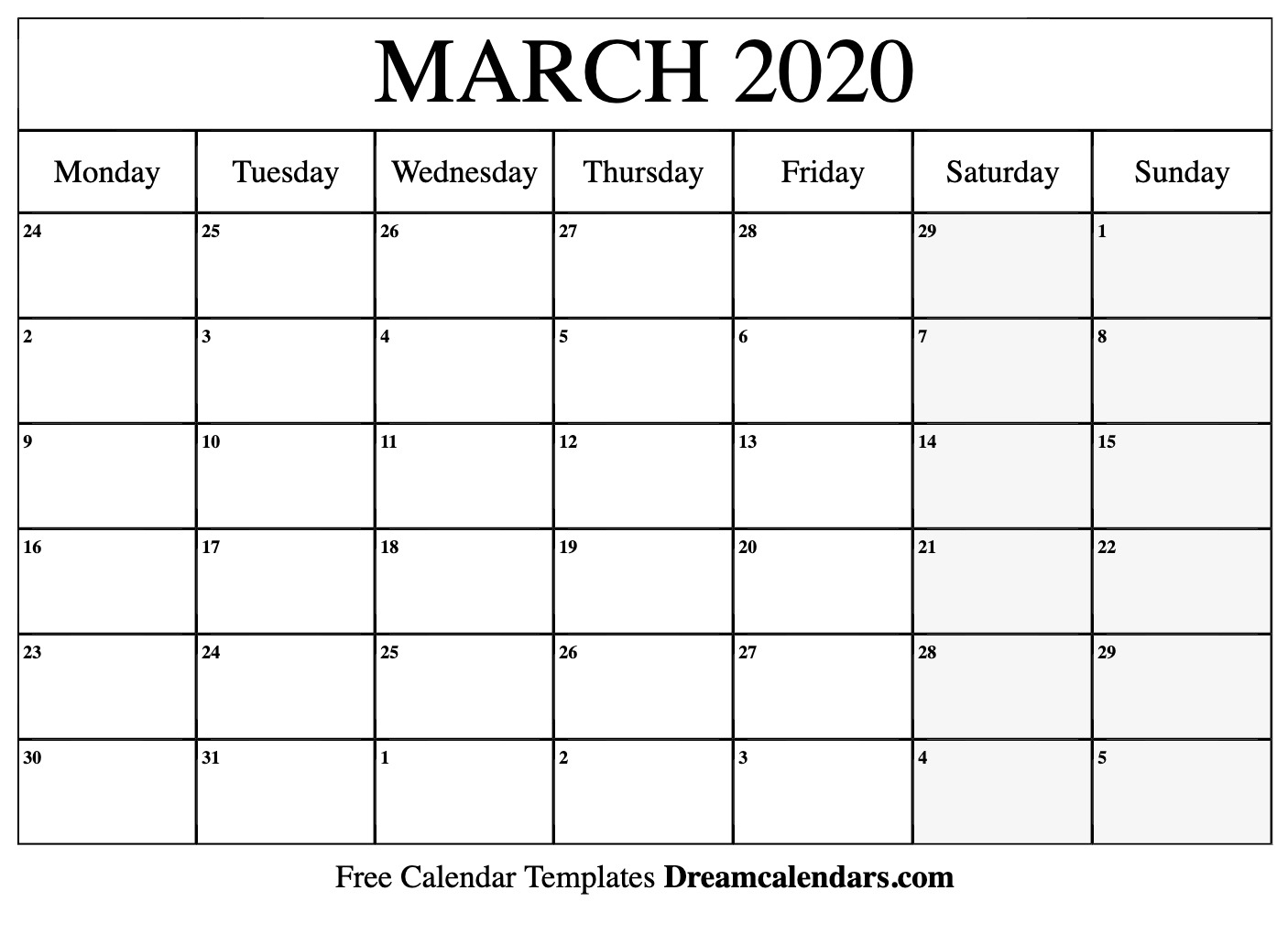 Printable March 2020 Calendar