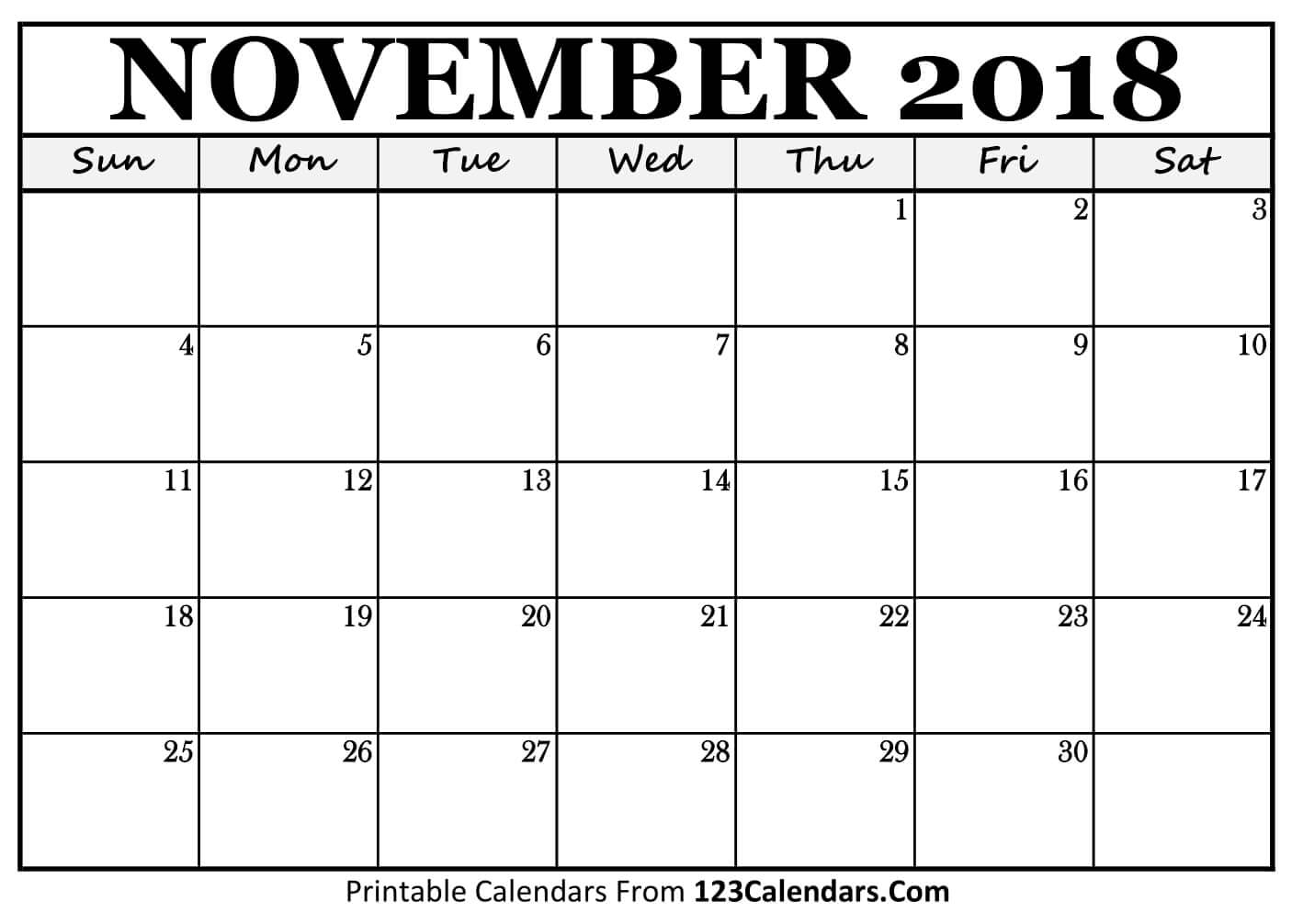 Printable November 2018 Calendar Templates 123Calendars | Isacl