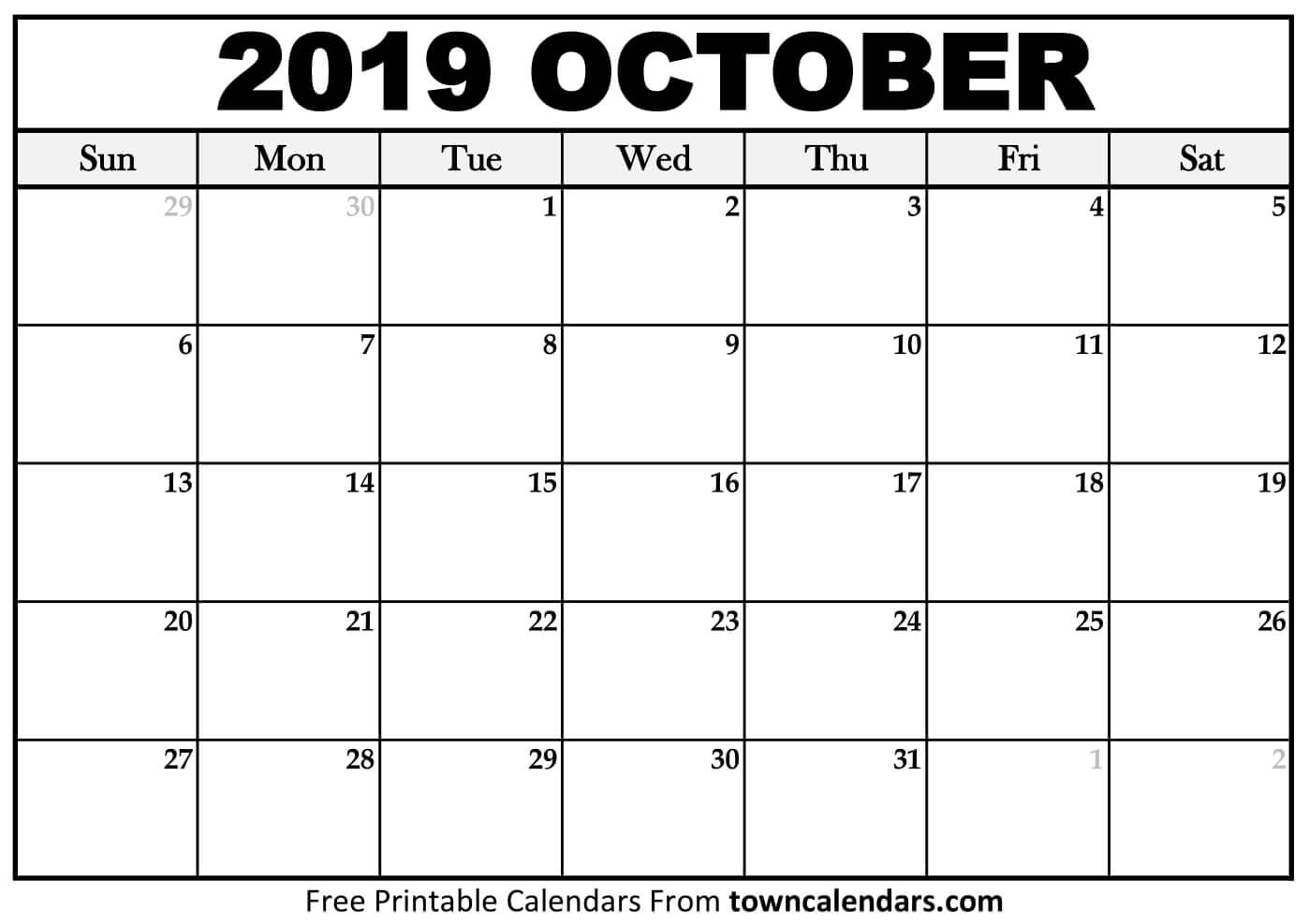 Printable October 2019 Calendar - Towncalendars