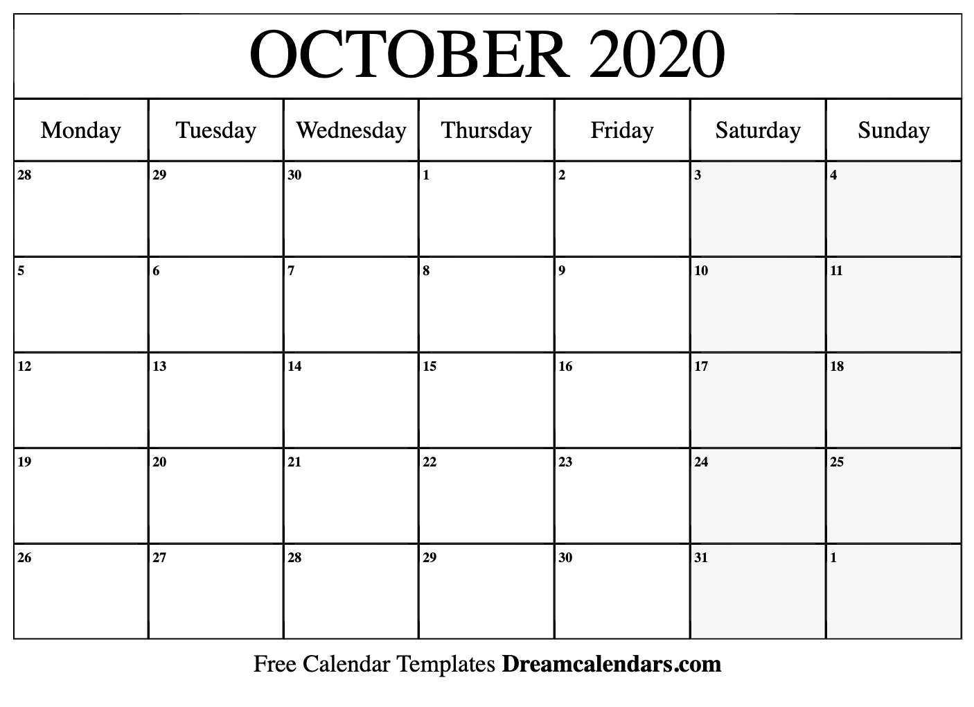 Printable October 2020 Calendar