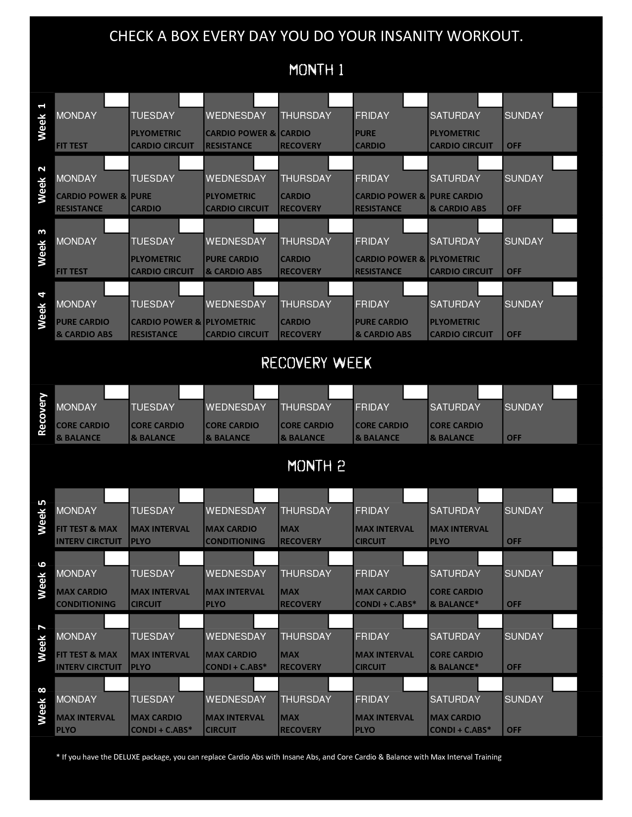 Printable Sample Insanity Workout Calendar Form | Workout