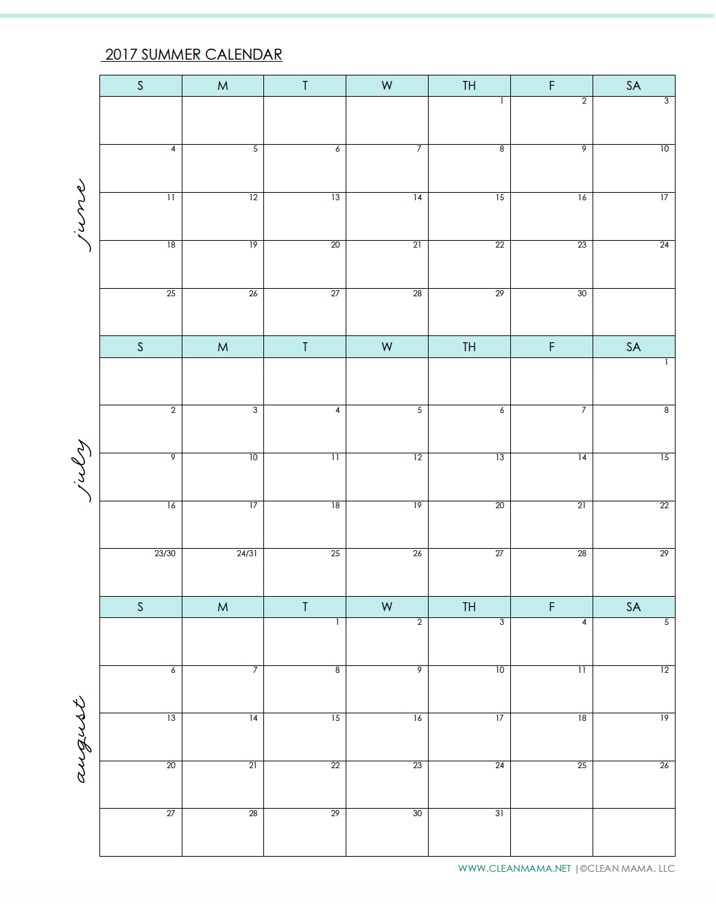 Printable Summer Calendar 2017 | Hauck Mansion