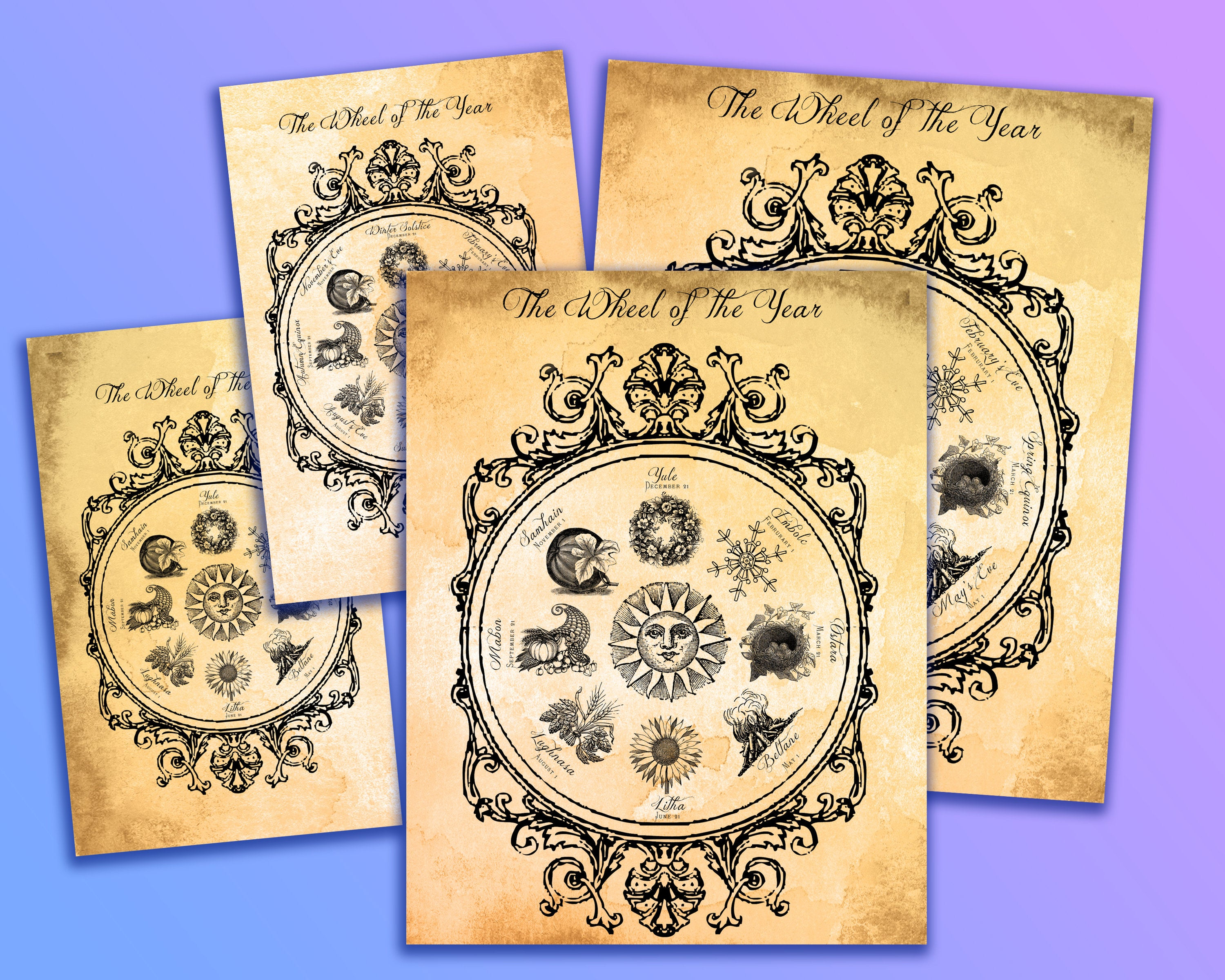 Printable Wheel Of The Year Circular Sun Calander Handcrafted Aged  Parchment Bos Book Of Shadows Page