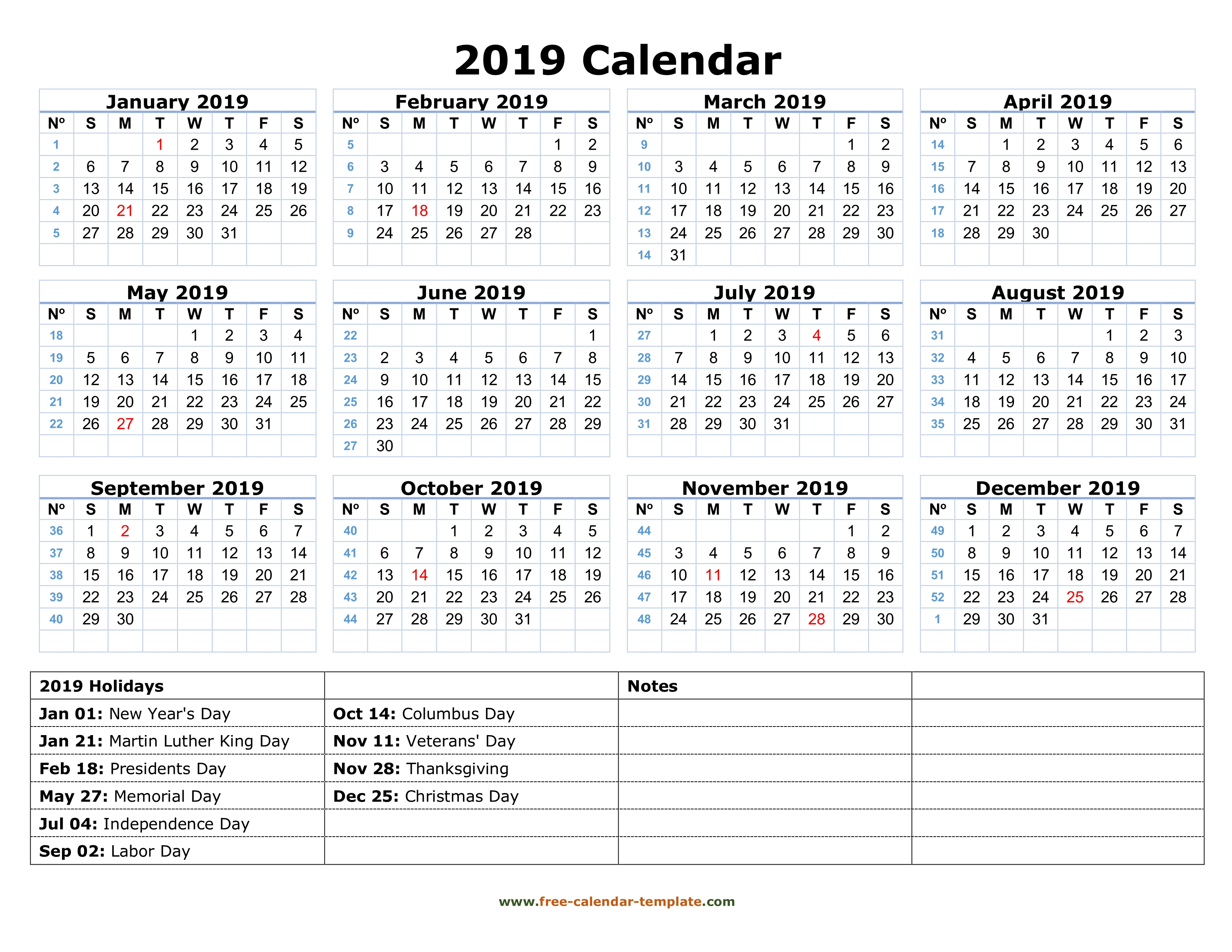 Printable Yearly Calendar 2019 | Free-Calendar-Template