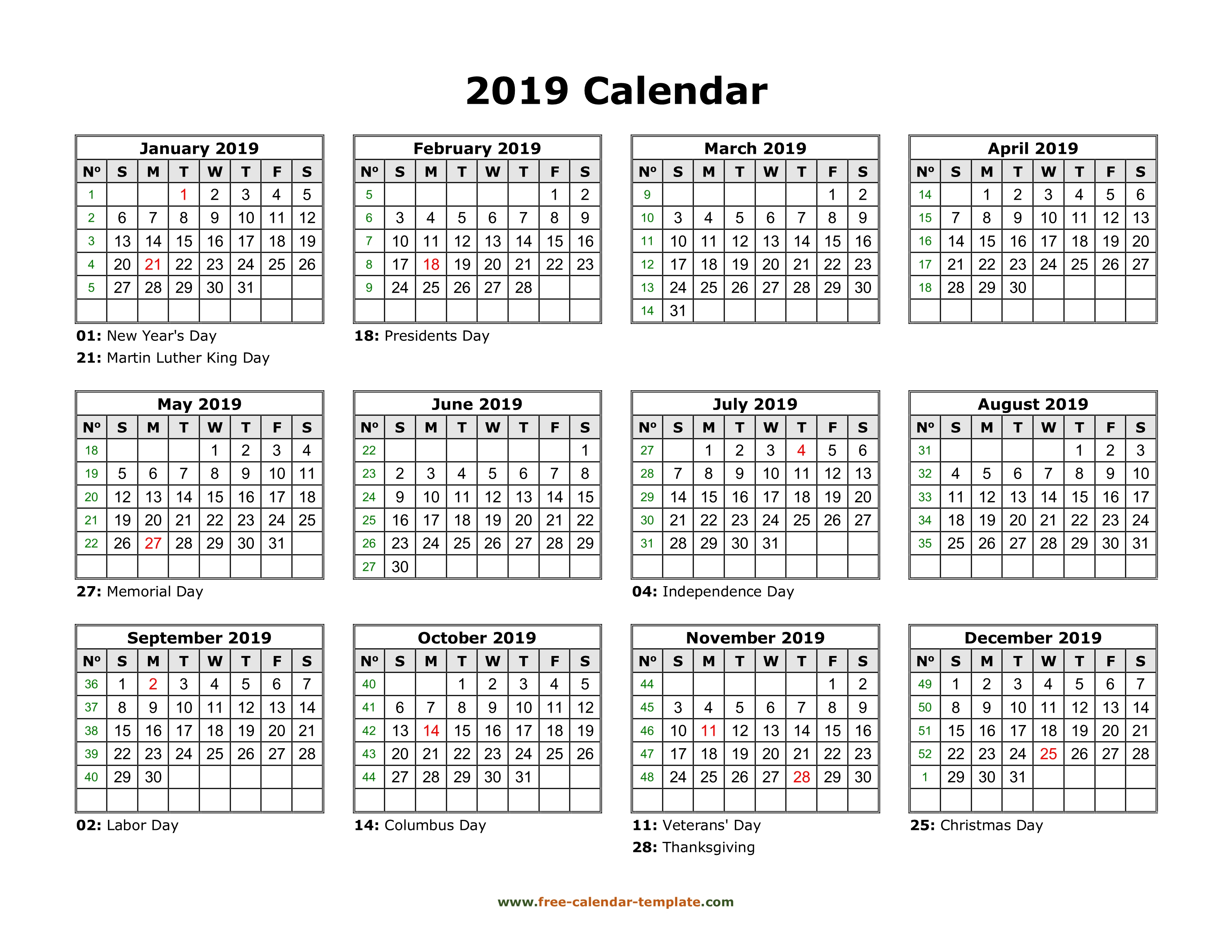 Printable Yearly Calendar 2019 | Free-Calendar-Template