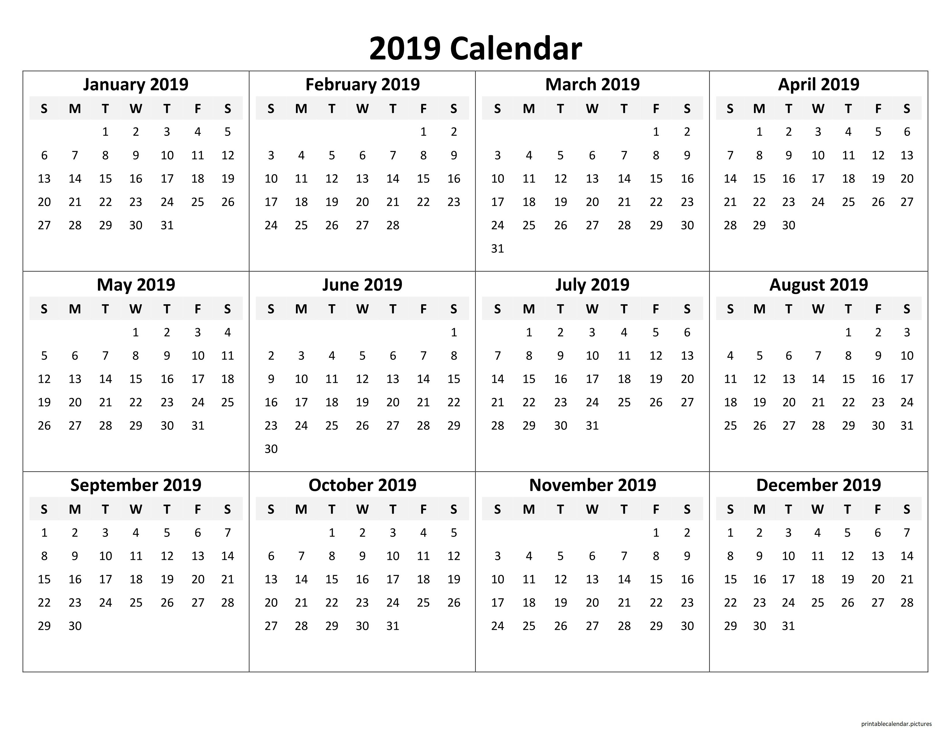 Printable Yearly Calendar 2019 | Printable Calendar 2019