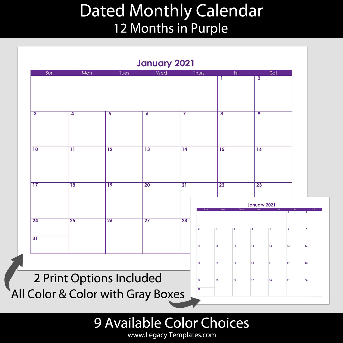 Purple Dated Landscape Monthly Calendar 8.5 X 11 | Legacy