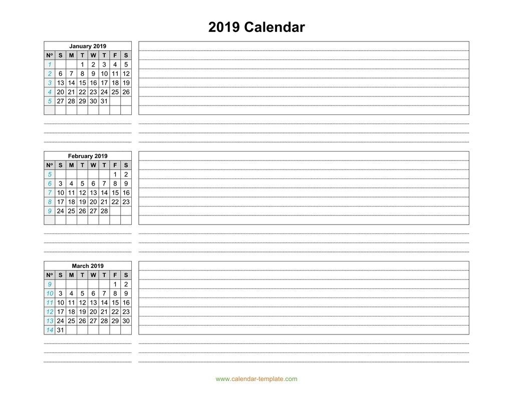 Quarterly Calendar 2019 Template, Three Months Per Page Free