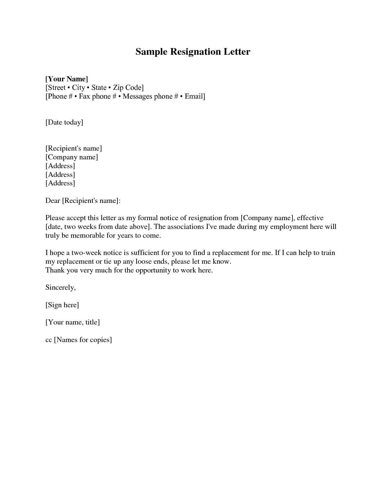 Resignation Letter 2 Weeks Notice Resignation Letter