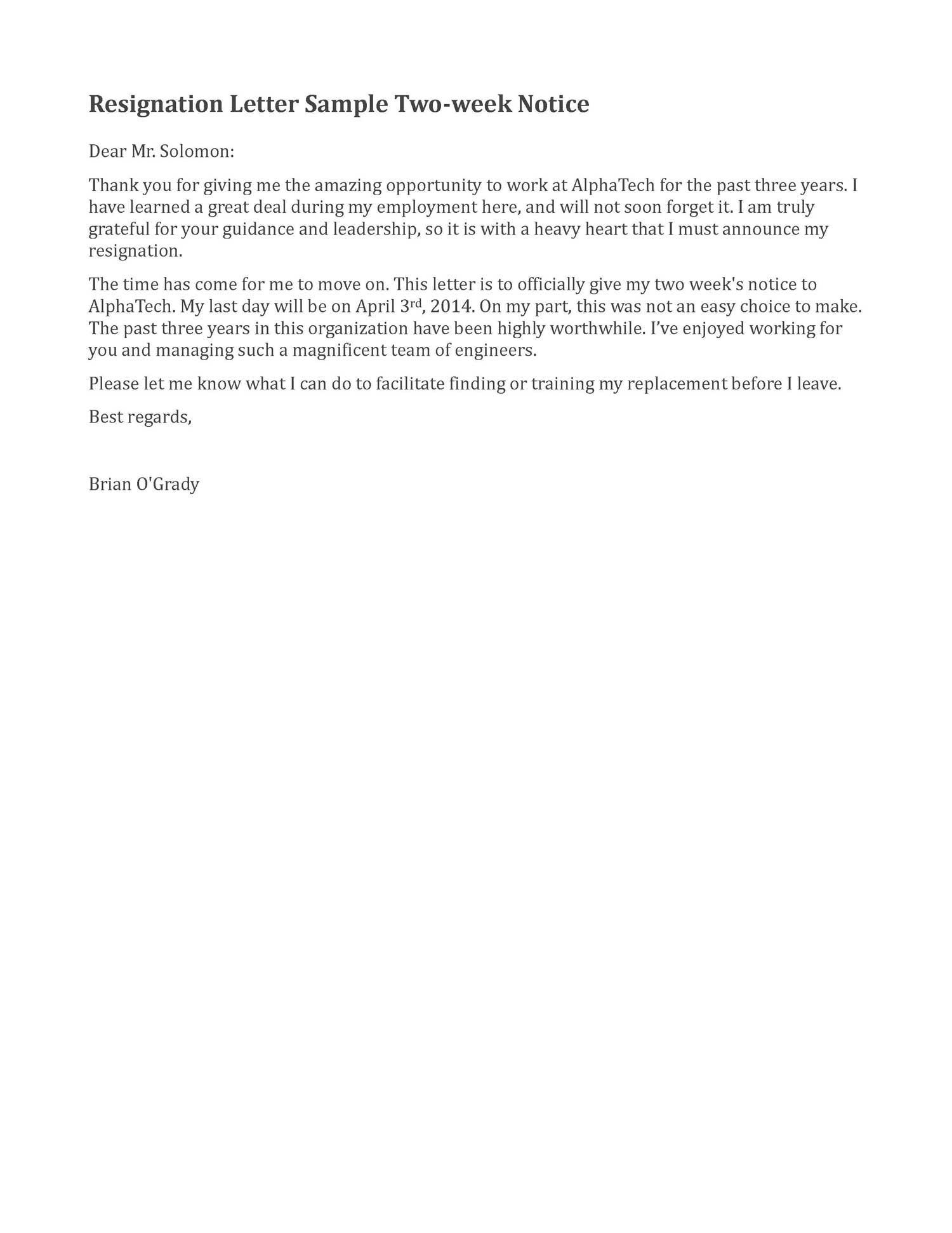 2 weeks resignation letter