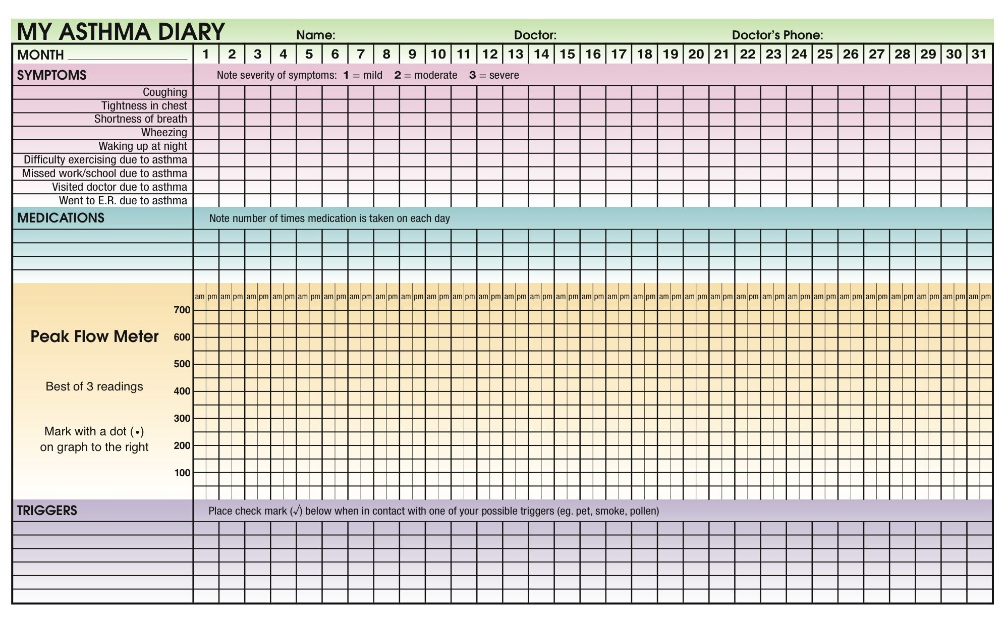 Sample Asthma Diary | School | Asthma, Allergy Asthma