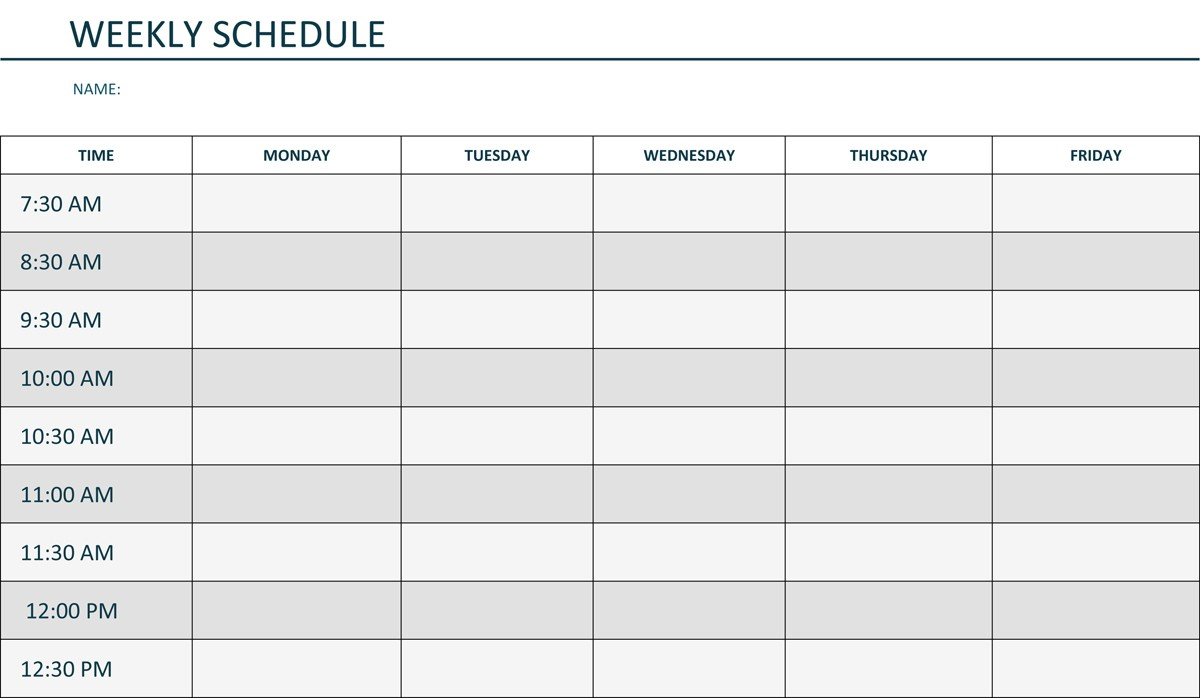 Schedule Template Monday Through Day Weekly Calendar Hourly