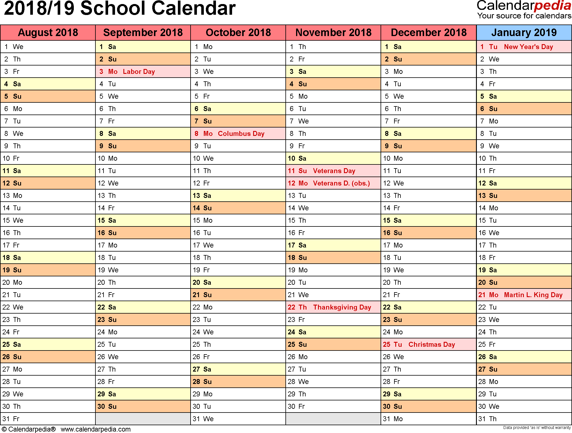 School Calendars 2018/2019 As Free Printable Word Templates