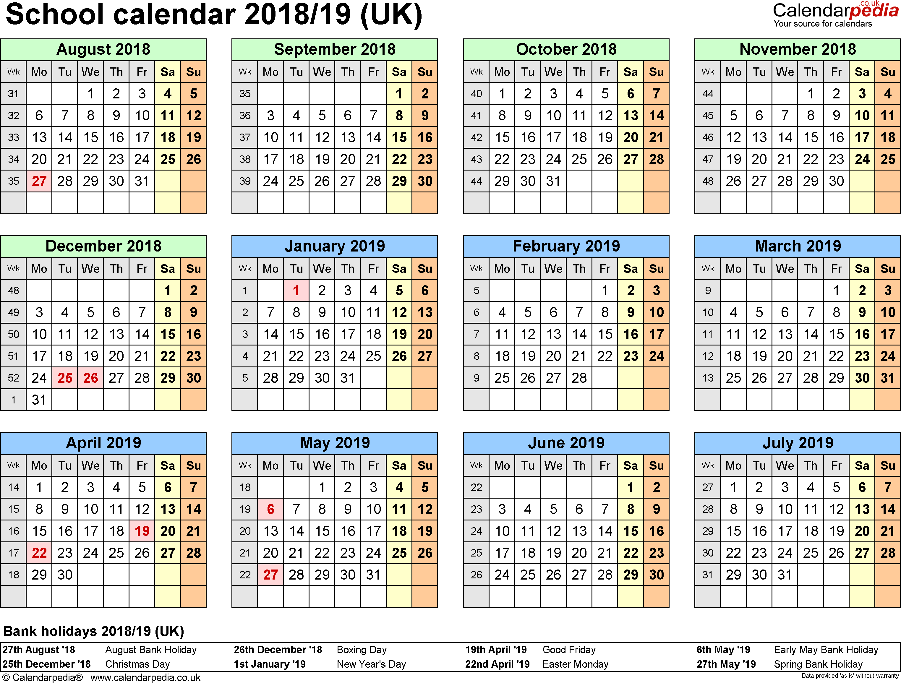 School Calendars 2018/2019 As Free Printable Word Templates