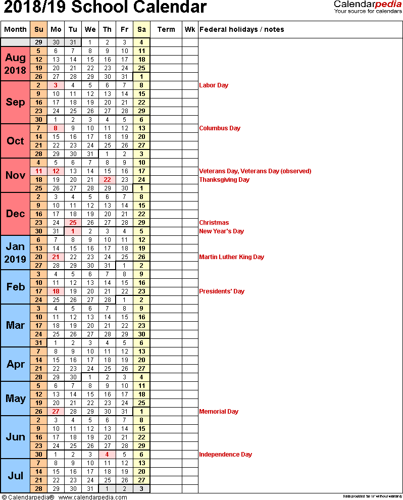 School Calendars 2018/2019 As Free Printable Word Templates