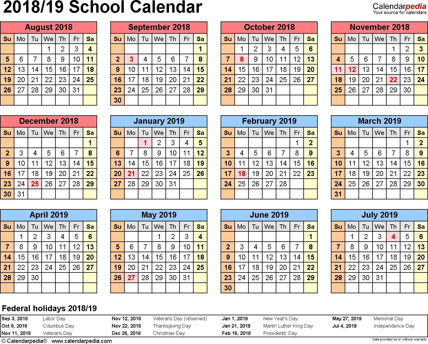 School Calendars 2018/2019 As Free Printable Word Templates