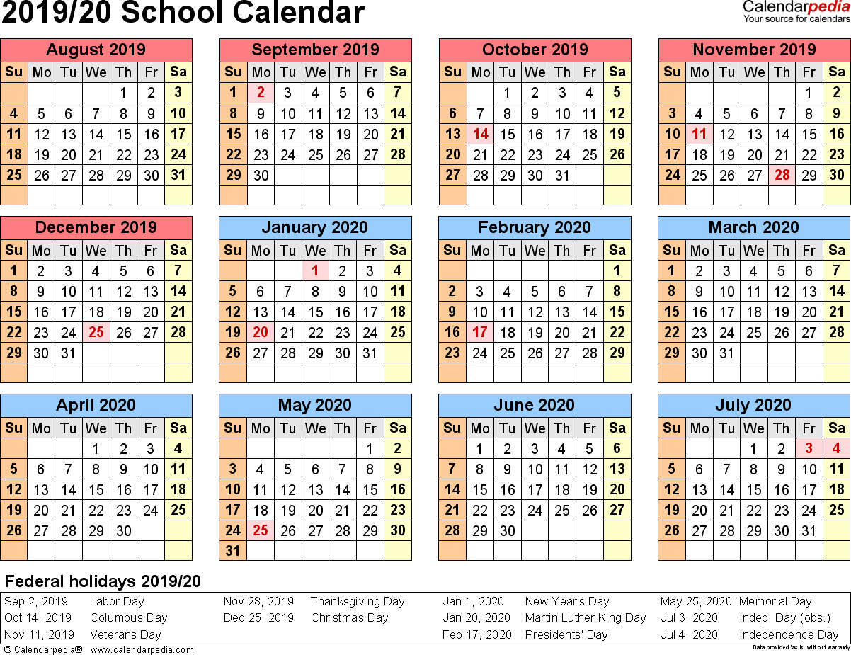 School Calendars 2019/2020 As Free Printable Excel Templates