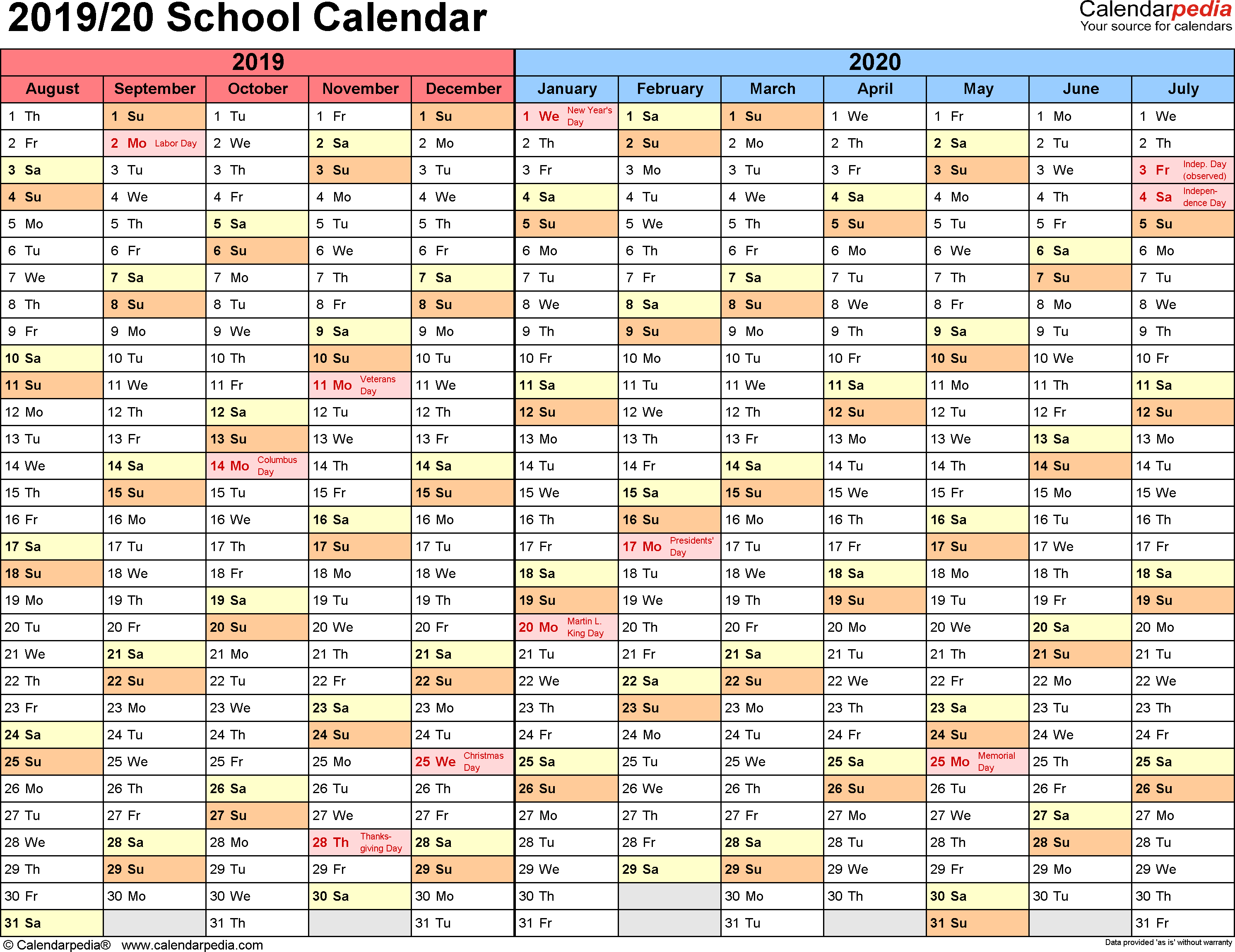 School Calendars 2019/2020 As Free Printable Pdf Templates