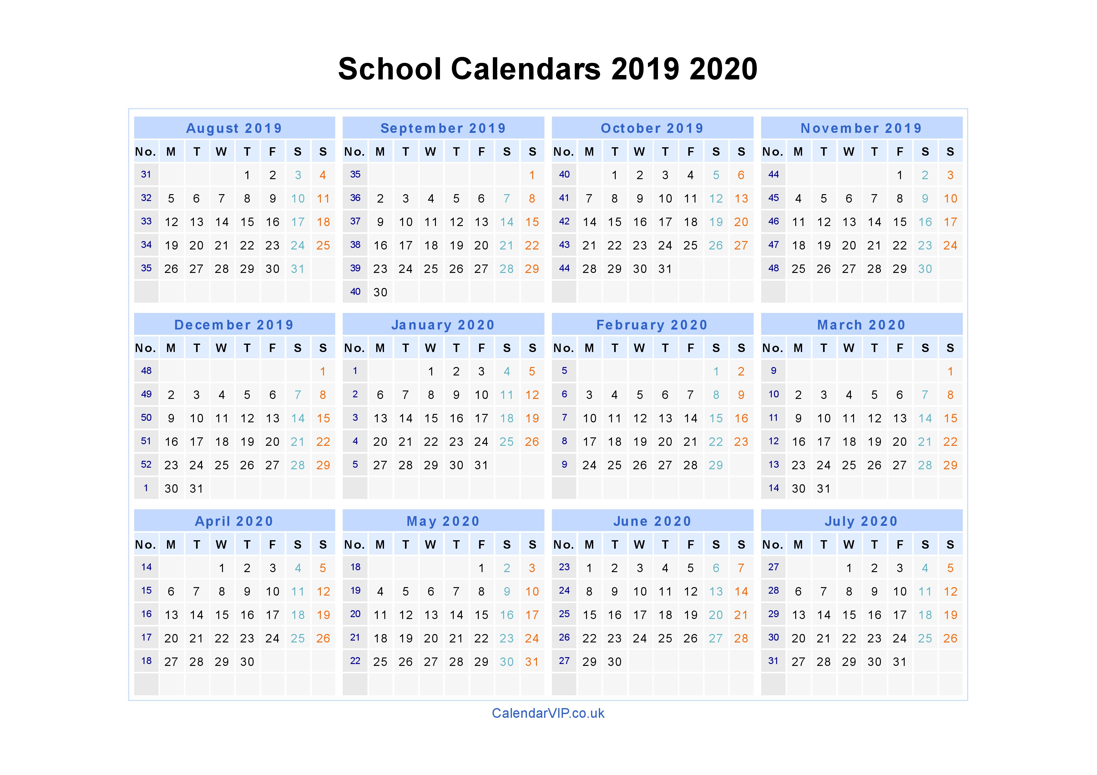 School Calendars 2019 2020 - Calendar From August 2019 To