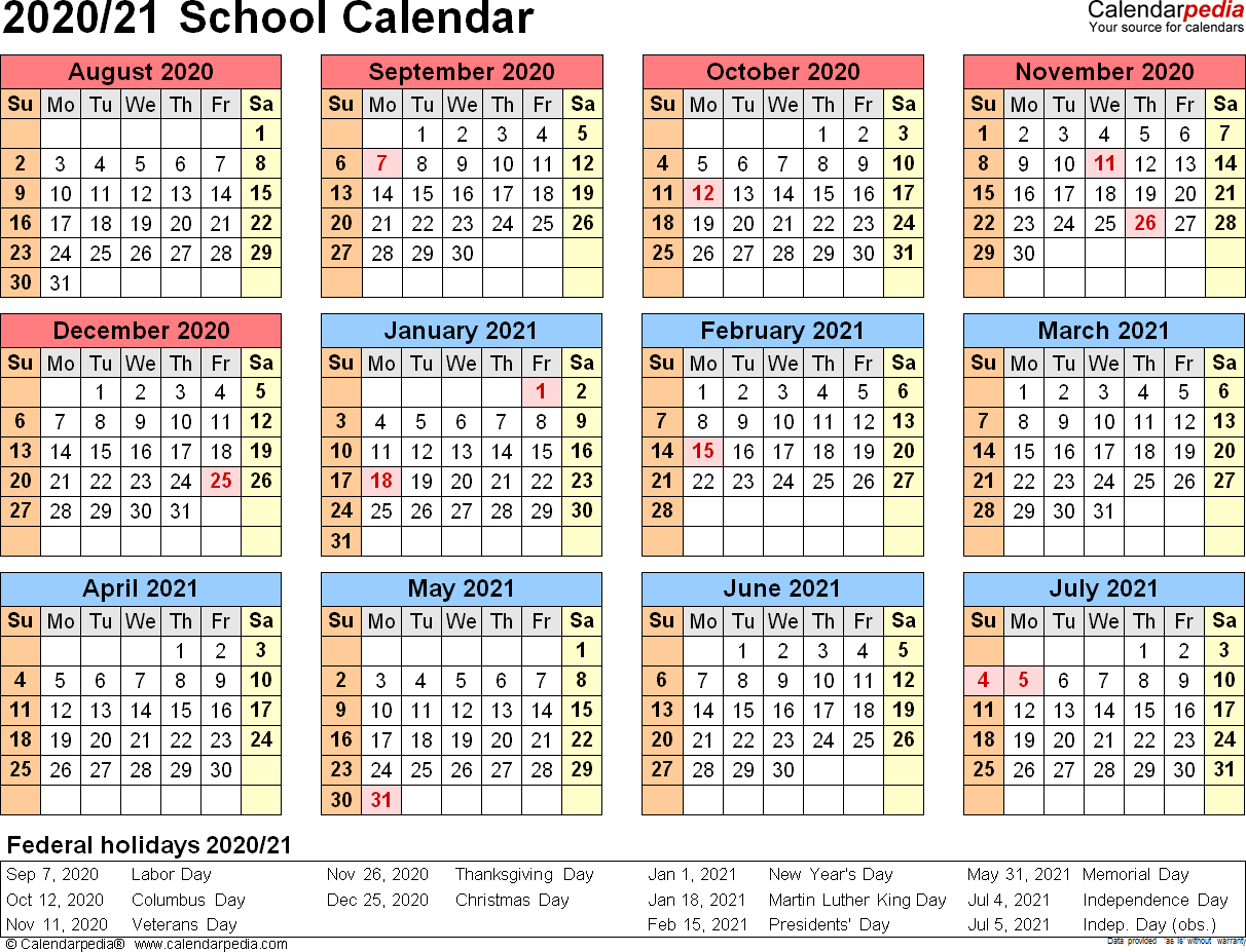School Calendars 2020/2021 As Free Printable Excel Templates