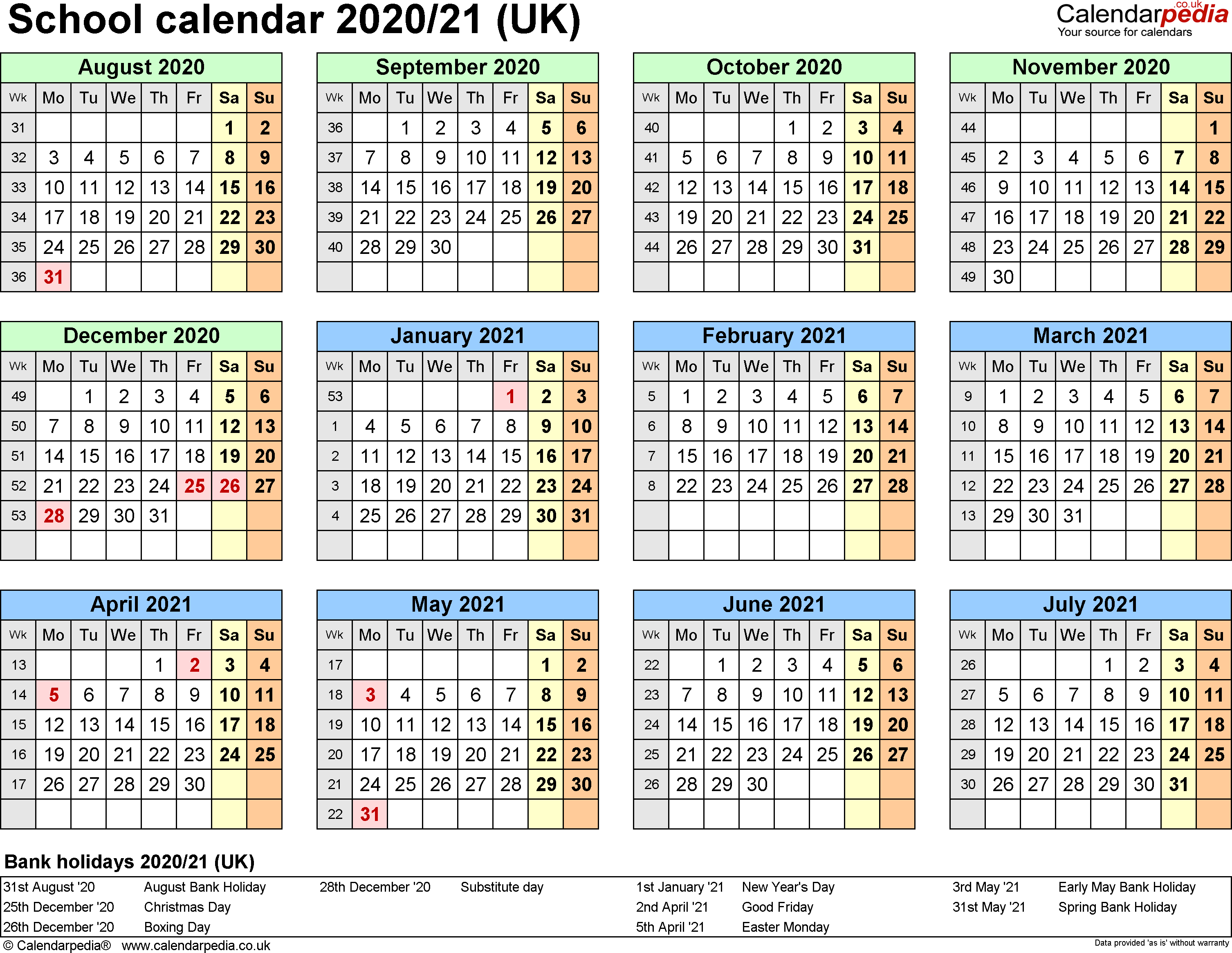 School Calendars 2020/2021 As Free Printable Excel Templates