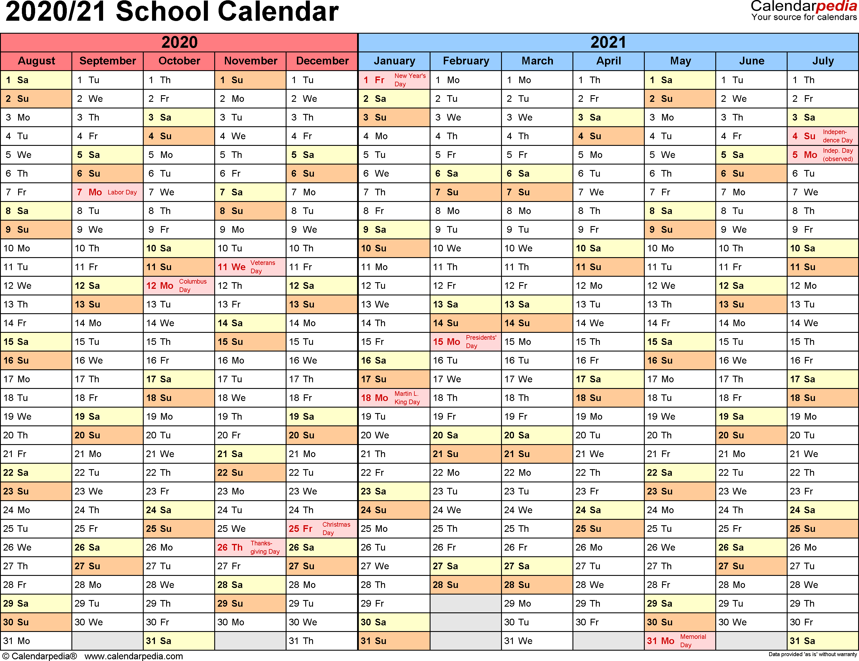School Calendars 2020/2021 As Free Printable Word Templates