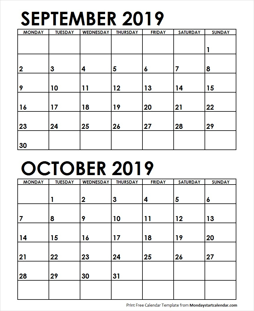 Sep Oct 2019 Calendar Monday Start | Editable Two Months