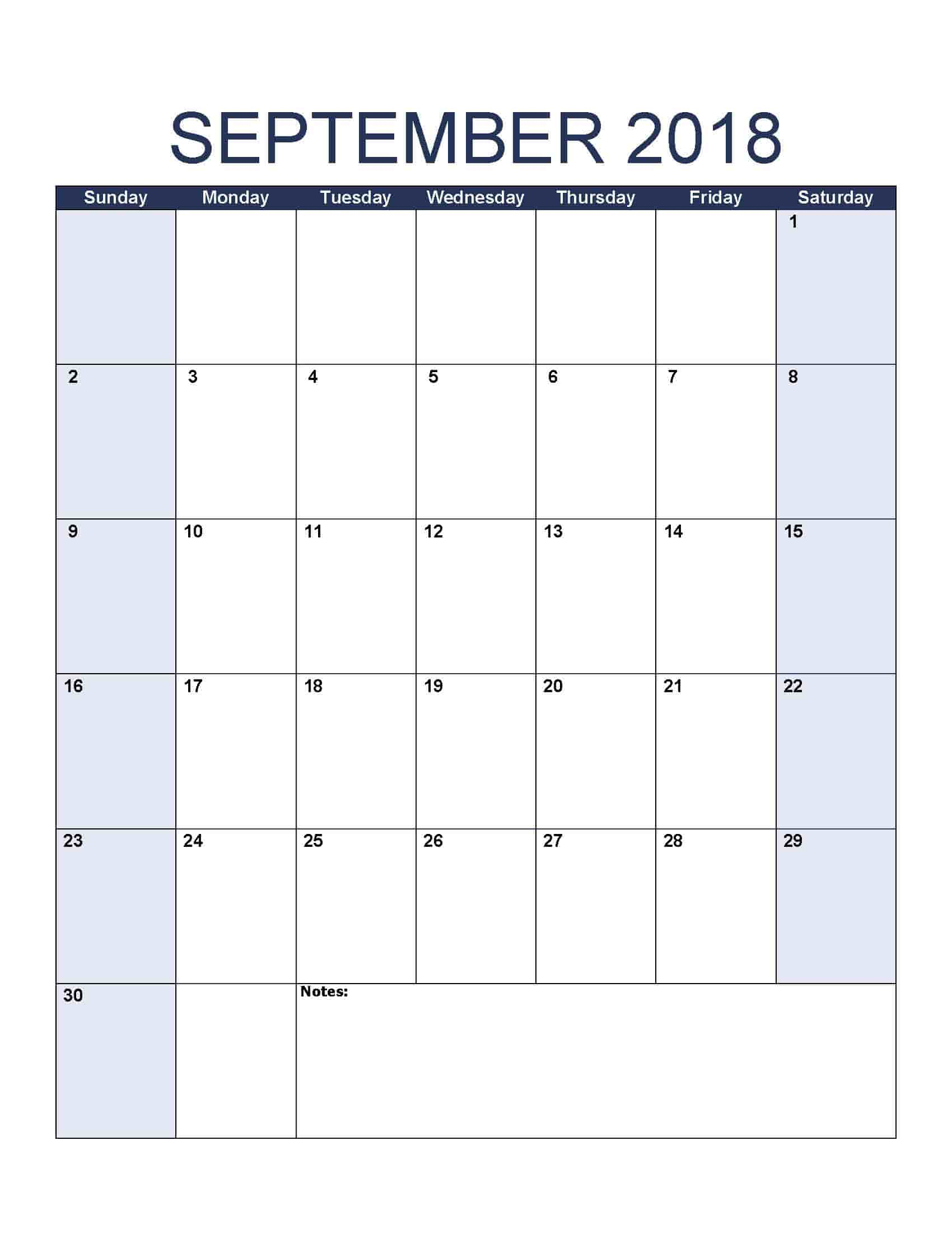 September 2018 Calendar - Free, Printable Calendar Templates