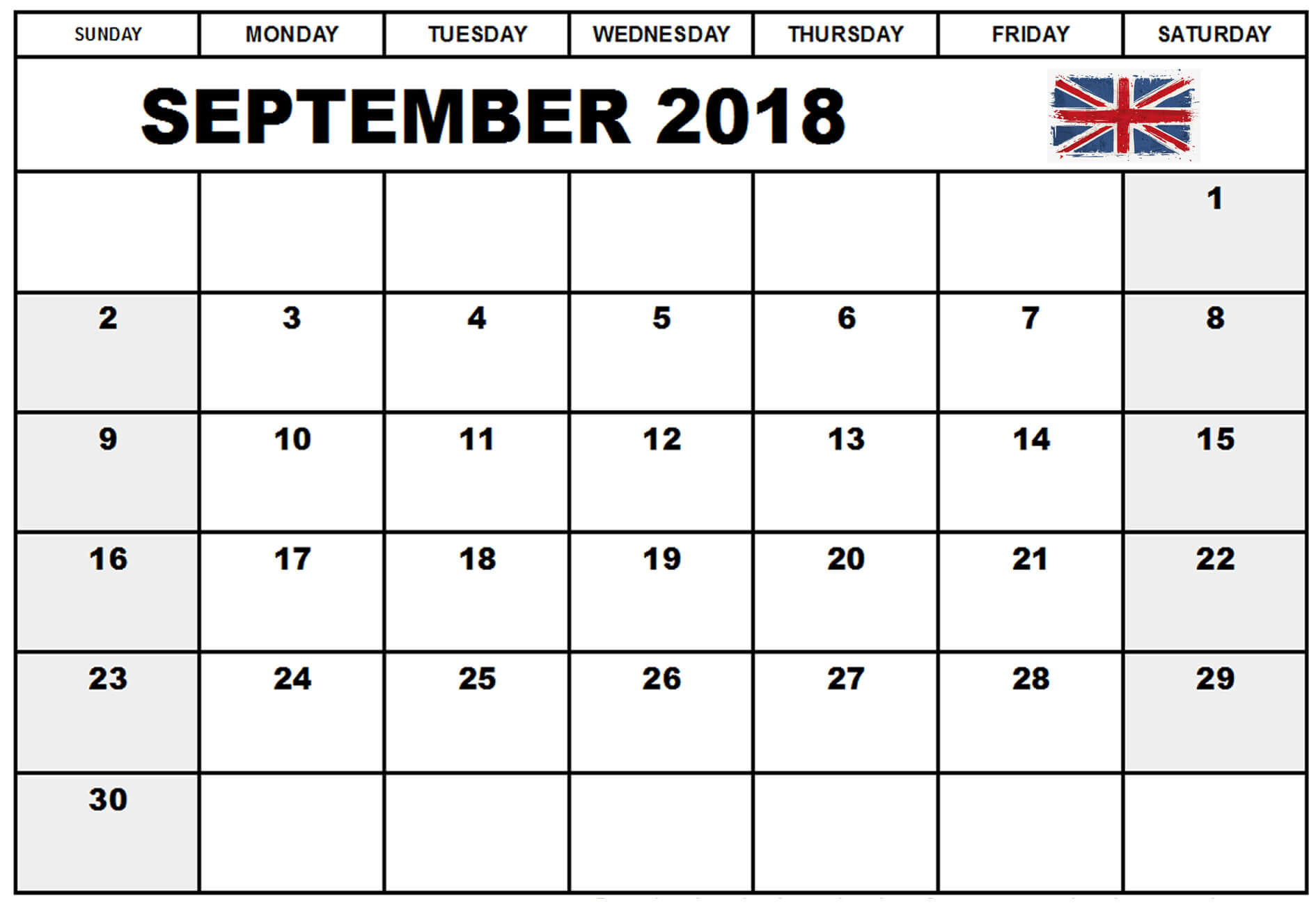 September 2018 Calendar Uk