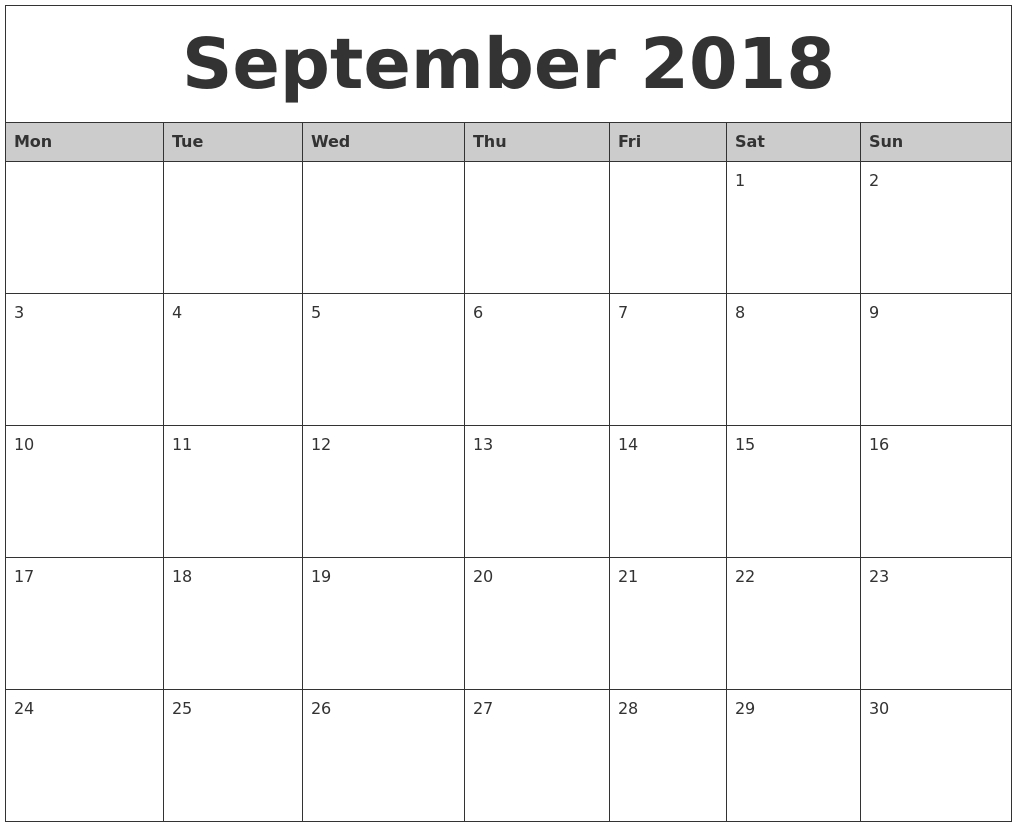 September 2018 Monthly Calendar Printable Monday Start