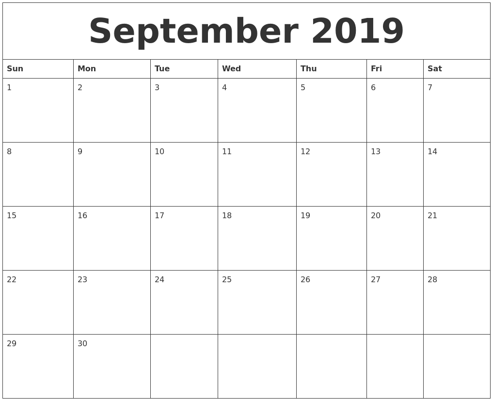 September 2019 Calendar, October 2019 Printable Calendar