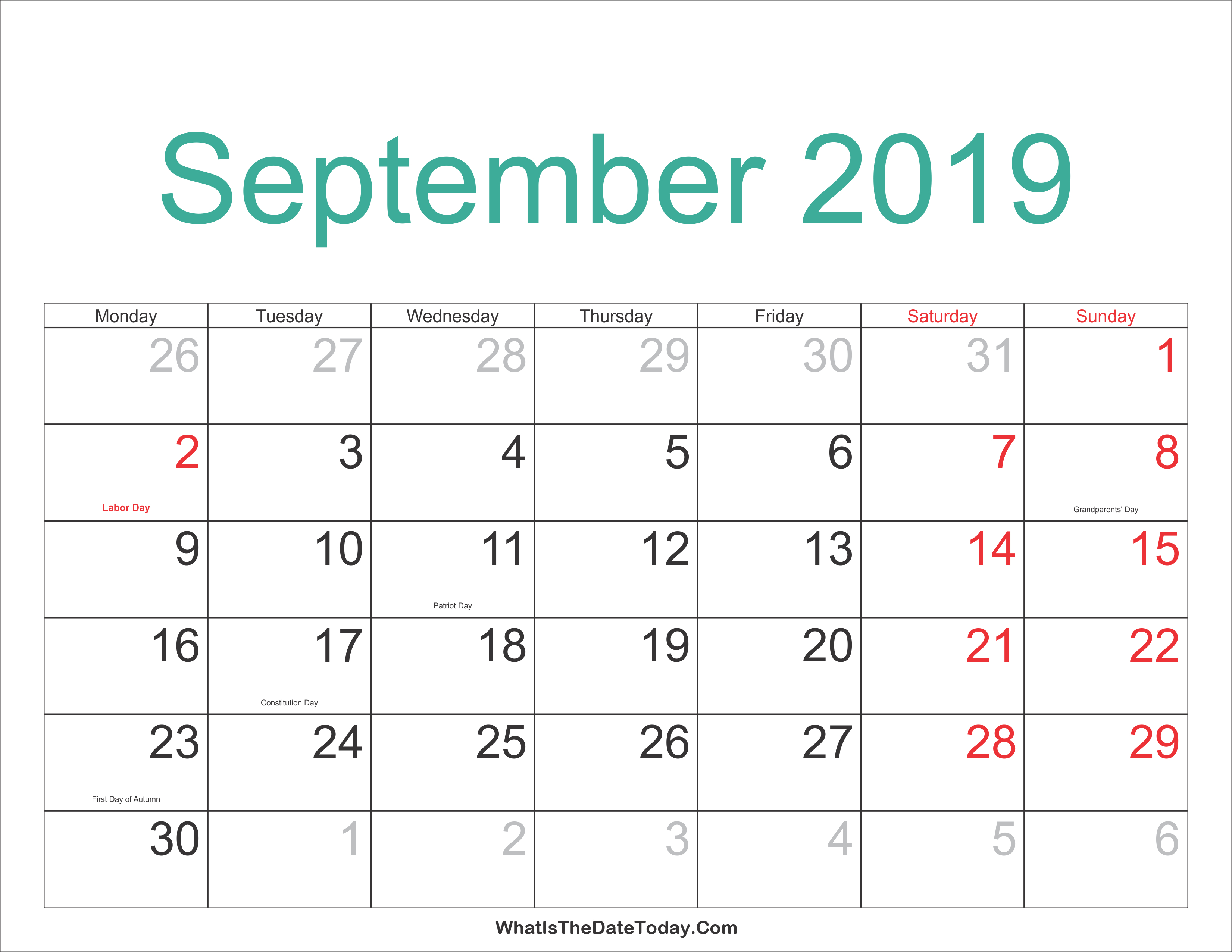 September 2019 Calendar With Holidays – Calendar Printable Week