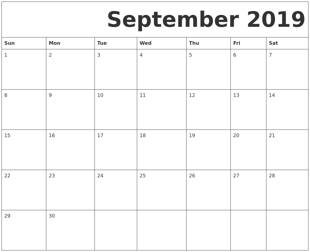 Blank September Calendar Monday Start