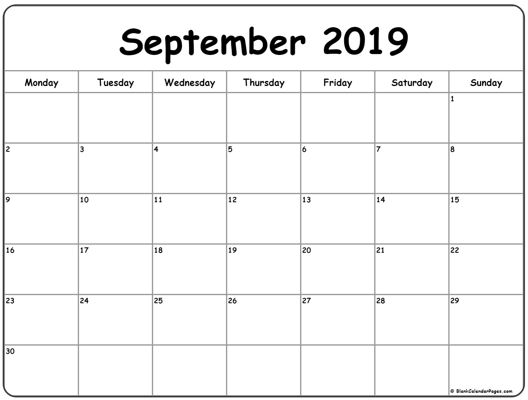 September 2019 Monday Calendar | Monday To Sunday