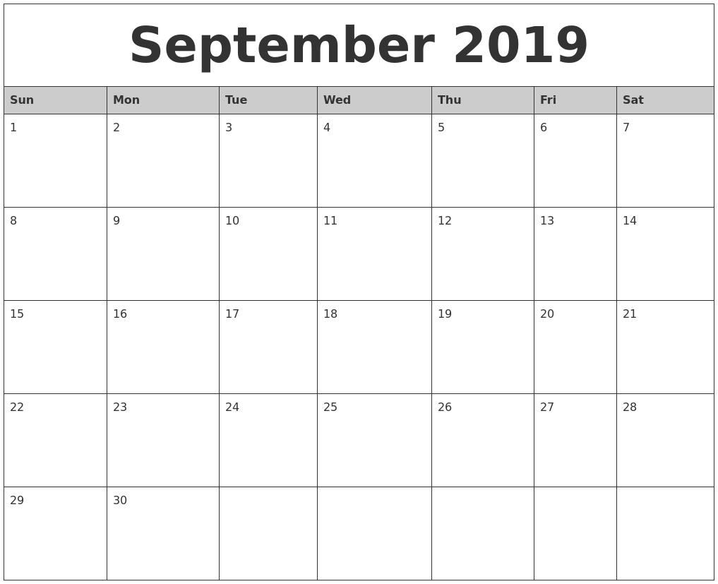 September 2019 Monthly Calendar Printable