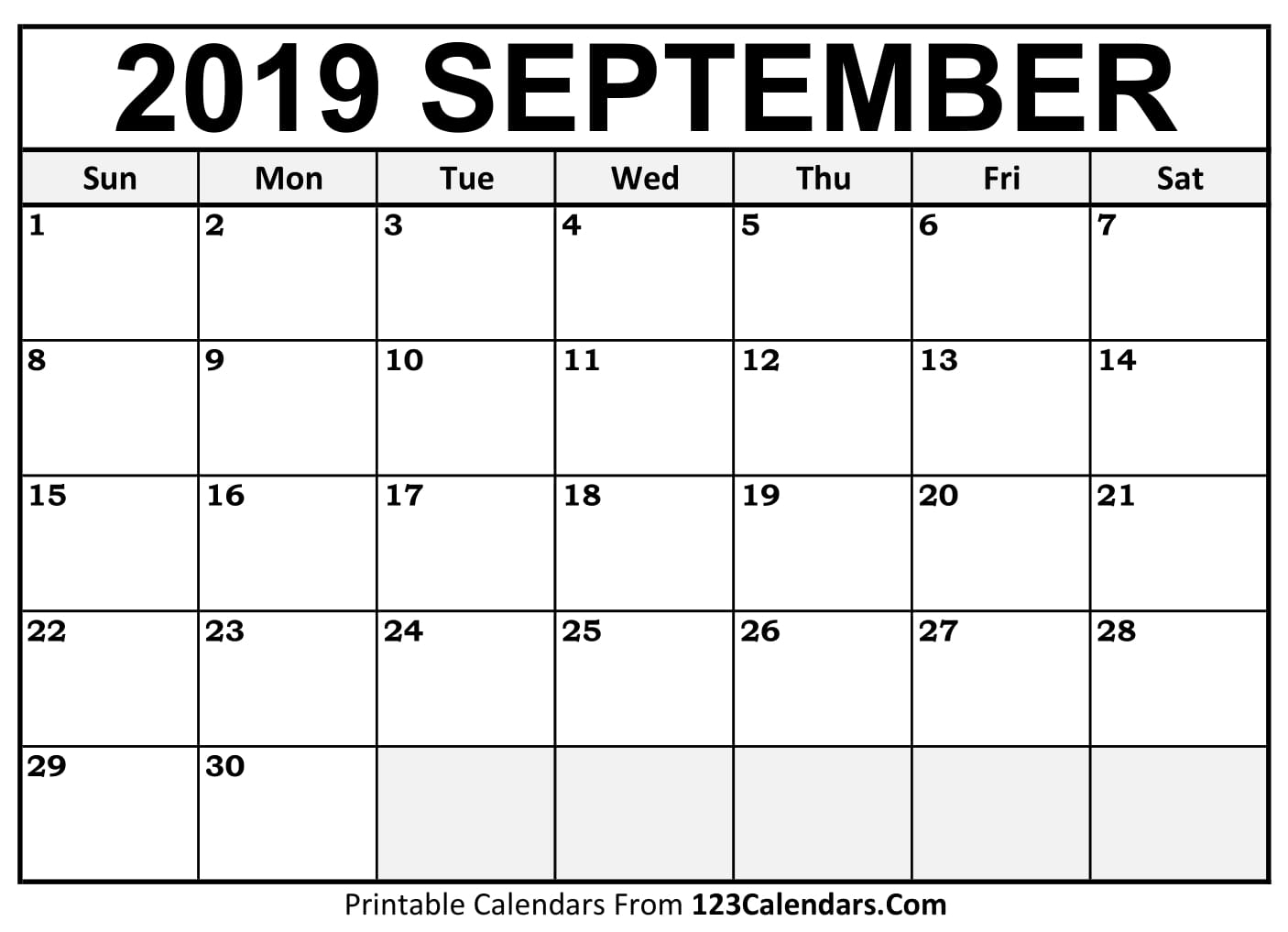 September 2019 Printable Calendar | 123Calendars