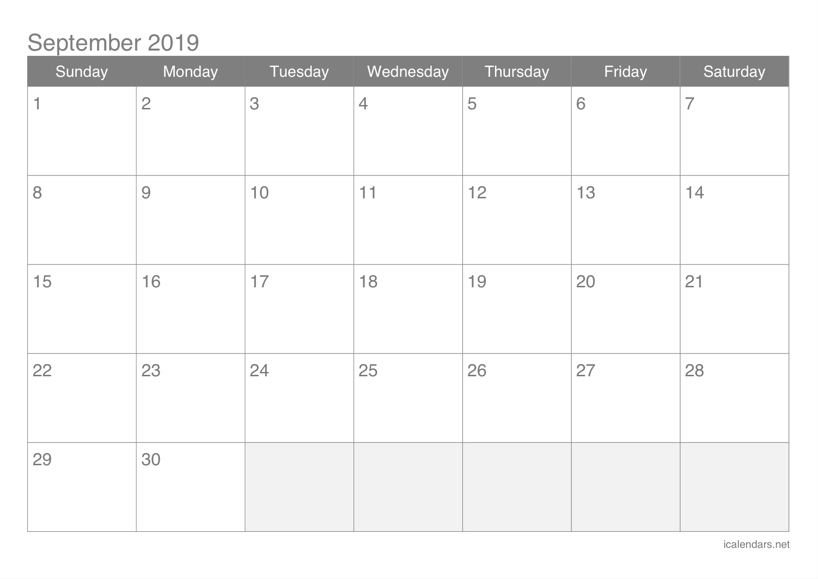 September 2019 Printable Calendar - Icalendars