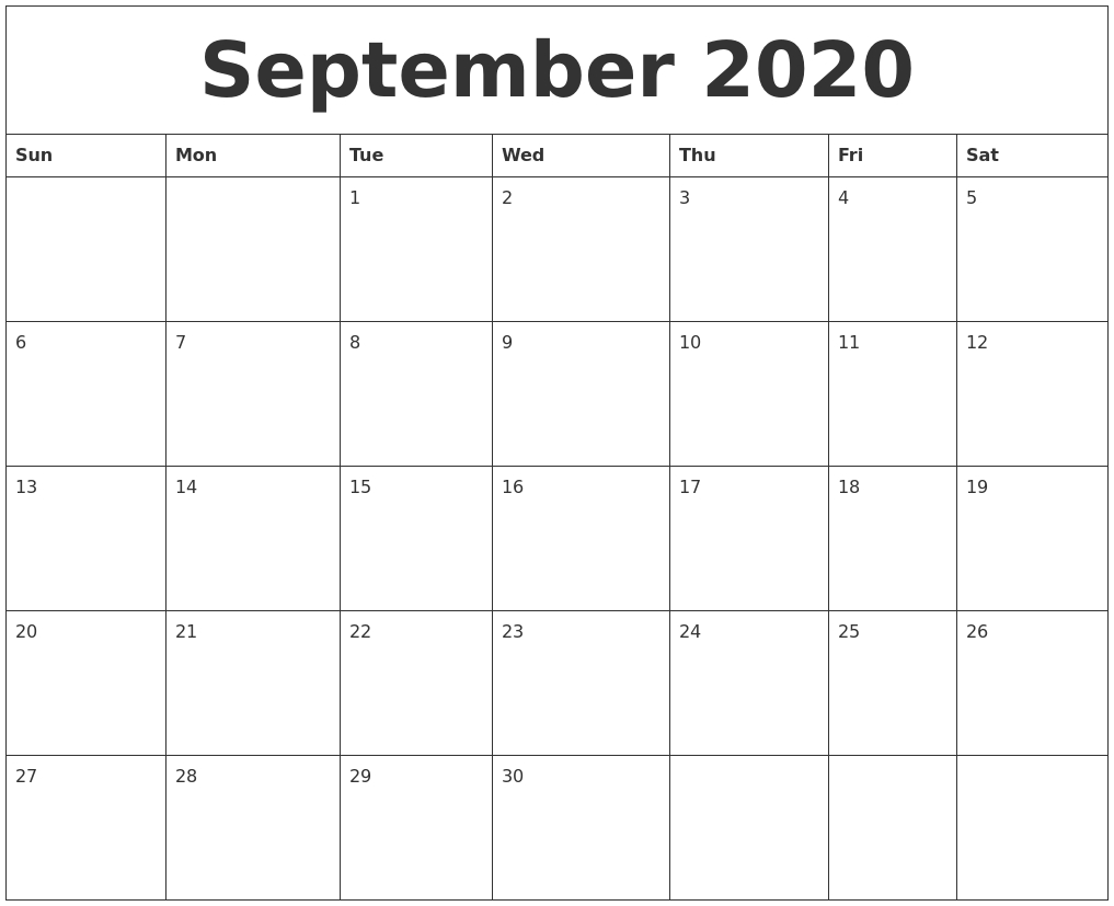 September 2020 Blank Monthly Calendar Template