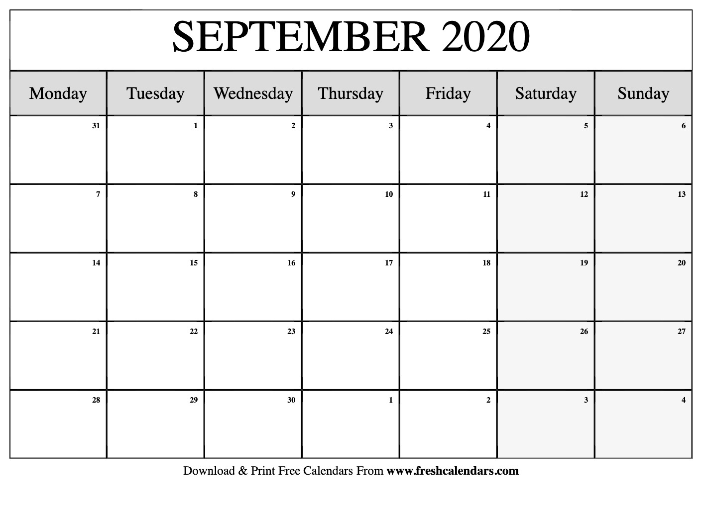 September 2020 Calendar Printable - Fresh Calendars