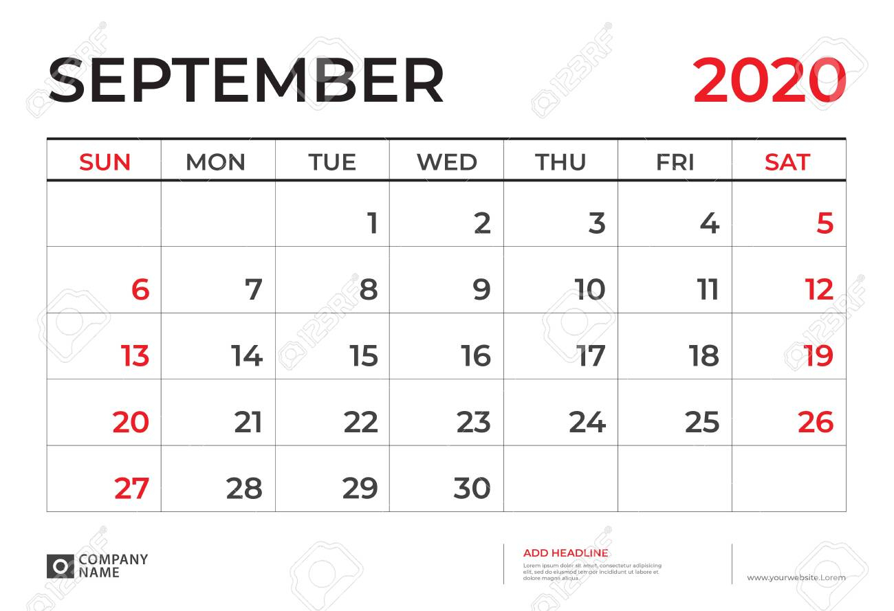 September 2020 Calendar Template, Desk Calendar Layout Size..